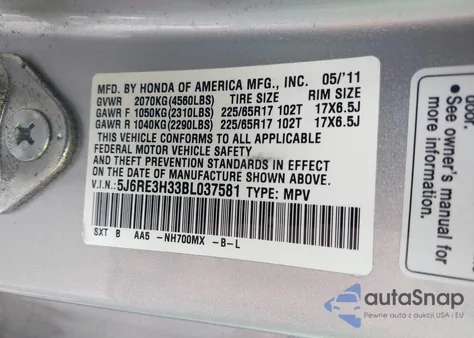 2011 Honda Cr-V Lx z USA, uszkodzony, nr VIN 5J6RE3H33BL037581